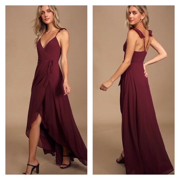 Lulus Dresses & Skirts - Lulu's Womens Large Here's To Us Burgundy High-Low Wrap Formal Dress EUC